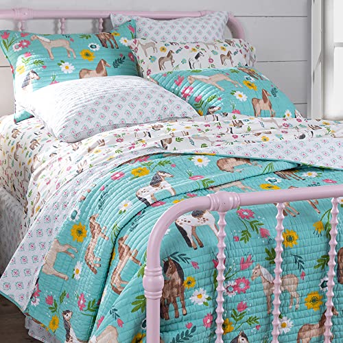 Rod's True Western Horse Girls (Quilt) - Pony Daisy Flower Quilt- Turquoise Pink Yellow Brown Tan Green White - Twin Quilt - Quilt Size (66x86in) - Cotton