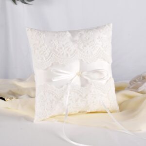 ATAILOVE Wedding Ring Pillow, Lace Pearl Ivory Ring Bearer Cushion for Wedding Party