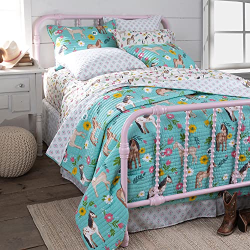 Rod's True Western Horse Girls (Quilt) - Pony Daisy Flower Quilt- Turquoise Pink Yellow Brown Tan Green White - Twin Quilt - Quilt Size (66x86in) - Cotton