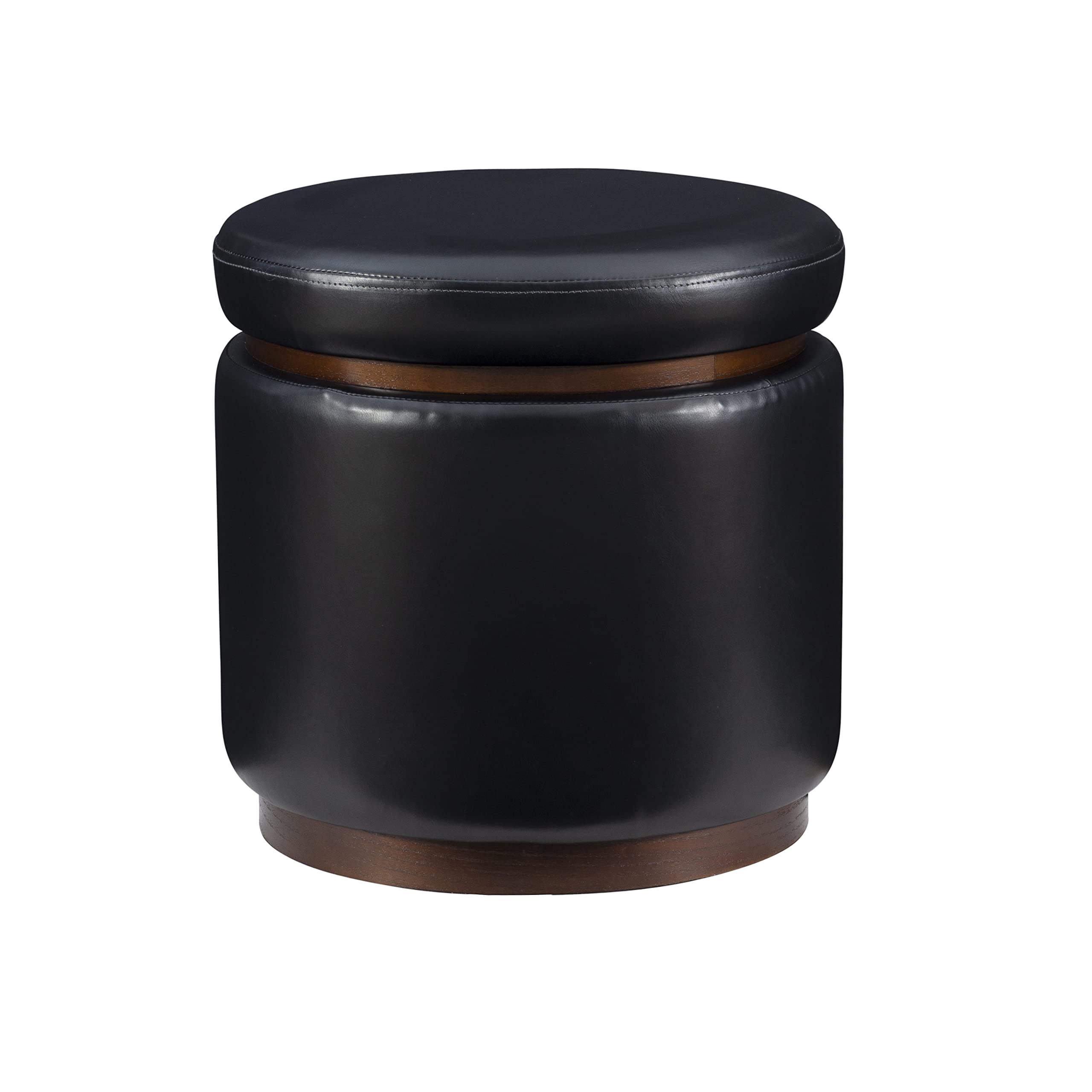 Linon Lexington Black Faux Leather Round Storage Ottoman with Wood Accent