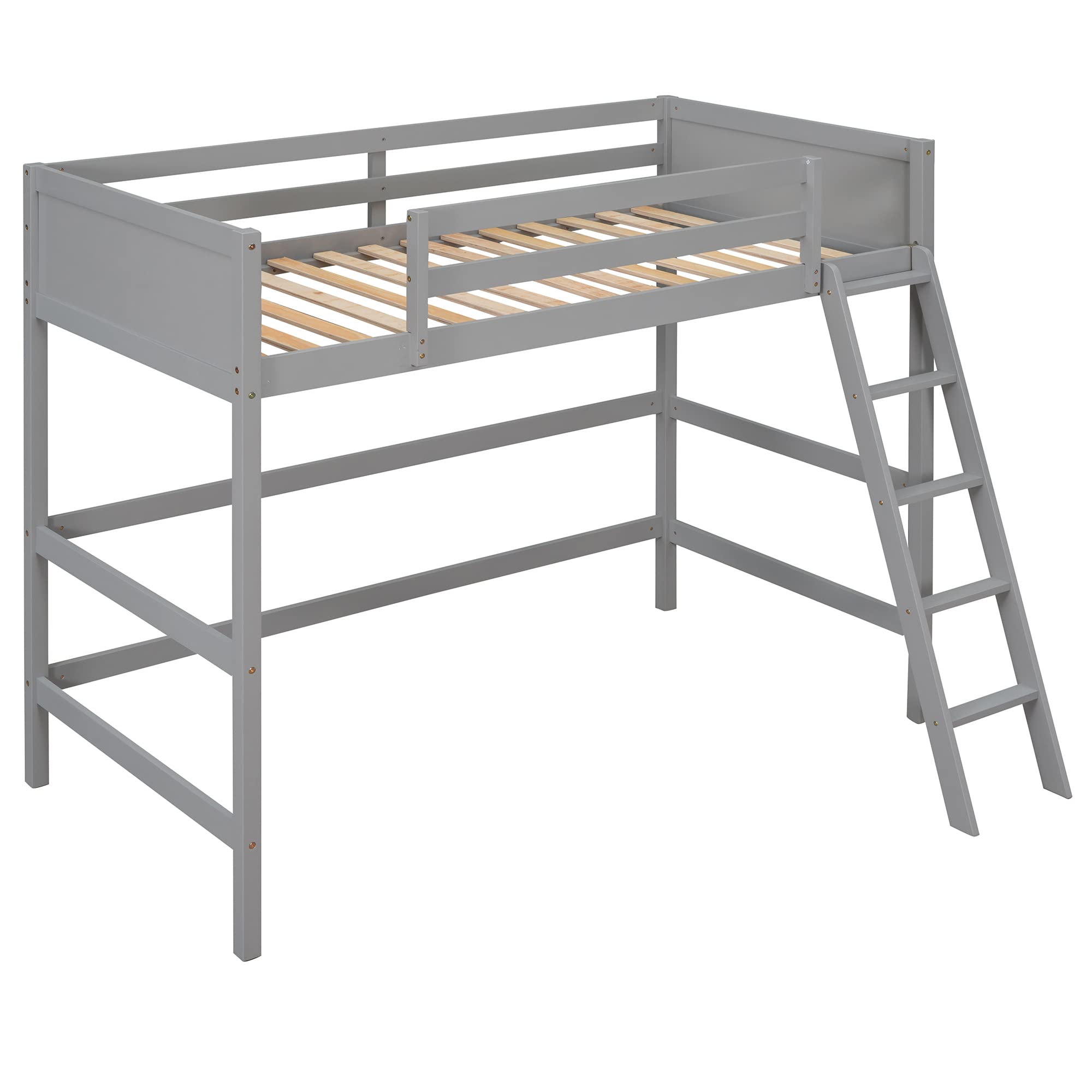 Harper & Bright Designs Twin Loft Bed Wood Loft Bed Frame with Full-Length Guardrails and Angel Ladder for Kids Boys Girls Teens, Gray