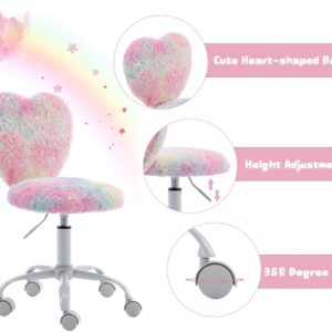 chairus Kids Desk Chair Faux Fur Study Chair for Teenage Girls, Adjustable Heart Shaped Kids Vanity Chair for Bedroom Reading Living Room, Small Cute Student Task Chair with White Foot, Colorful