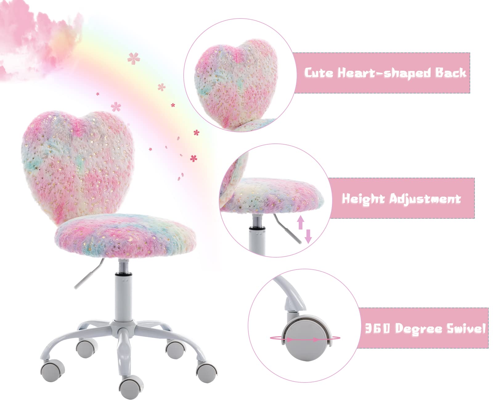 chairus Kids Desk Chair Faux Fur Study Chair for Teenage Girls, Adjustable Heart Shaped Kids Vanity Chair for Bedroom Reading Living Room, Small Cute Student Task Chair with White Foot, Colorful