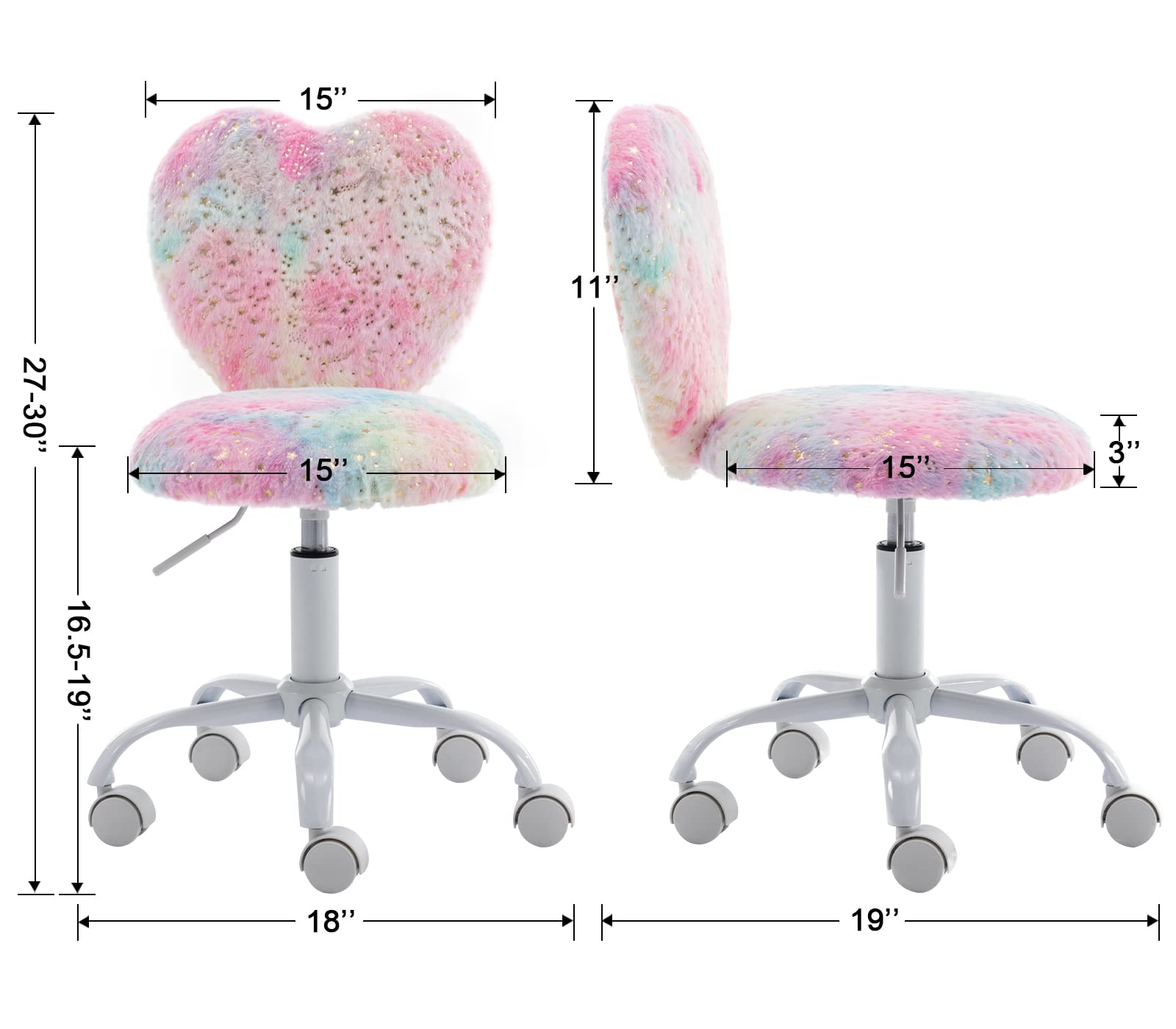 chairus Kids Desk Chair Faux Fur Study Chair for Teenage Girls, Adjustable Heart Shaped Kids Vanity Chair for Bedroom Reading Living Room, Small Cute Student Task Chair with White Foot, Colorful