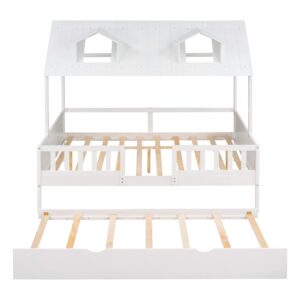 Harper & Bright Designs Full Size House Bed with Trundle, Full Size Bed Frame for Kids,Wooden Cabin Full Playhouse Bed for Girls, Boys,No Box Spring Needed,White