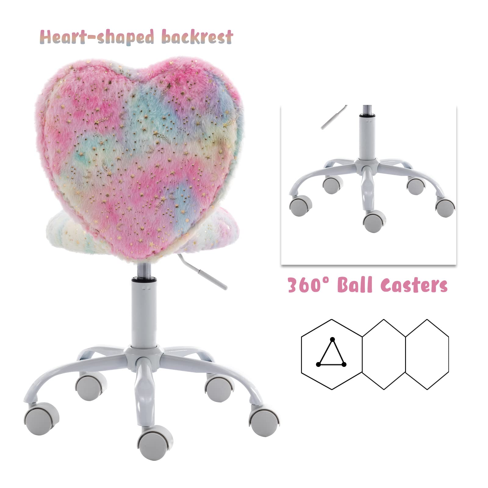 chairus Kids Desk Chair Faux Fur Study Chair for Teenage Girls, Adjustable Heart Shaped Kids Vanity Chair for Bedroom Reading Living Room, Small Cute Student Task Chair with White Foot, Colorful