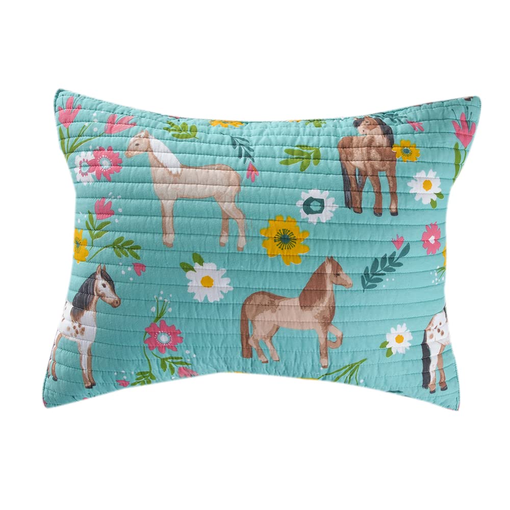 Horse Girls (Sham) - Daisy Flower Pony - Standard Sham - Turquoise Pink Yellow Green Brown Tan - Sham Size (20x26in) - Cotton