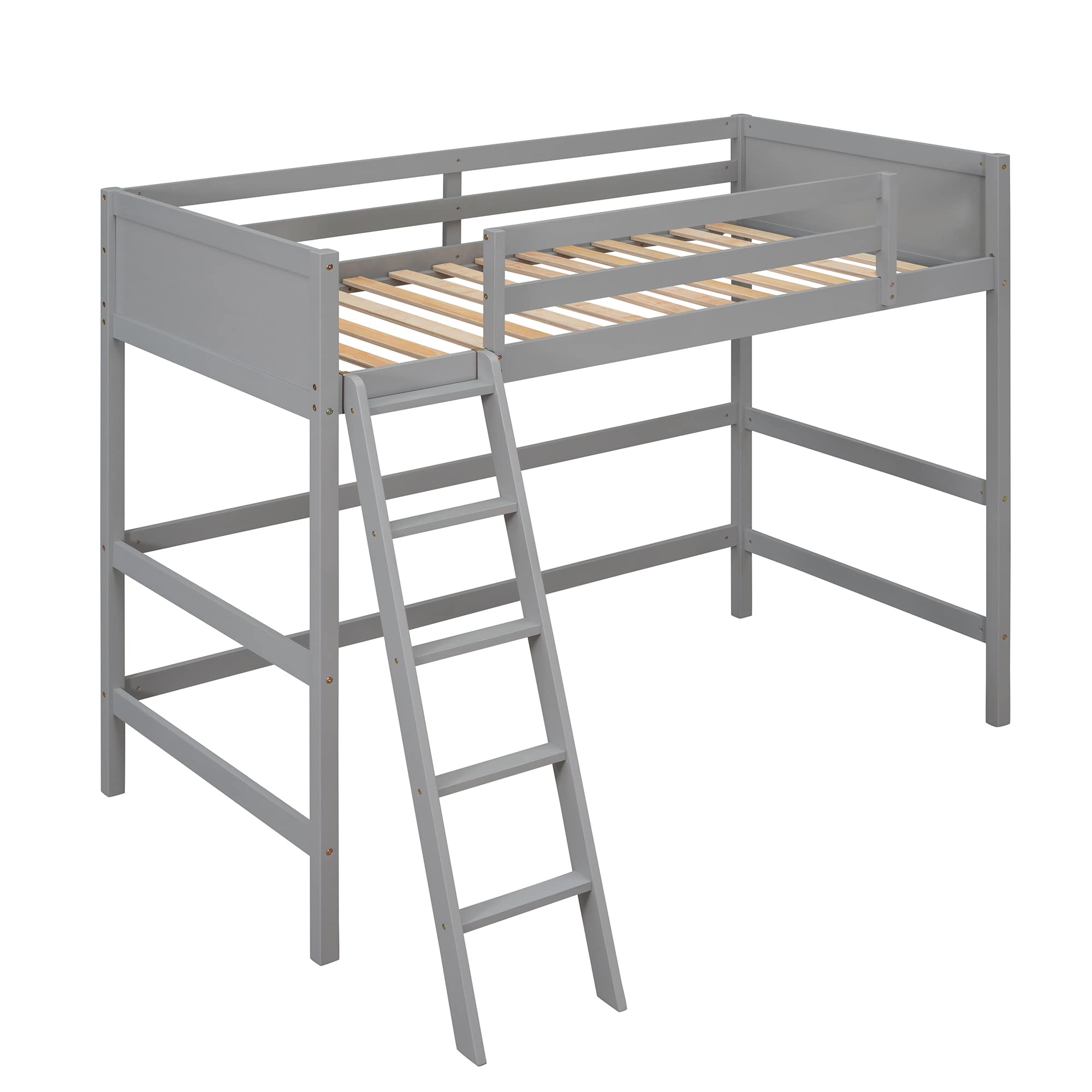 Harper & Bright Designs Twin Loft Bed Wood Loft Bed Frame with Full-Length Guardrails and Angel Ladder for Kids Boys Girls Teens, Gray