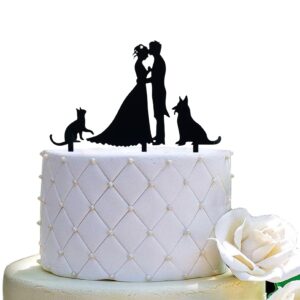 mr and mrs cake topper,kissing bride and groom with cat and dog silhouette wedding cake topper