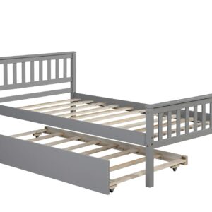 HomSof Twin Platform Bed Frame with Headboard and Footboard,for Bedroom Small Living Space, Grey+Trundle