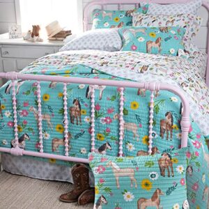 Rod's True Western Horse Girls (Quilt) - Pony Daisy Flower Quilt- Turquoise Pink Yellow Brown Tan Green White - Twin Quilt - Quilt Size (66x86in) - Cotton