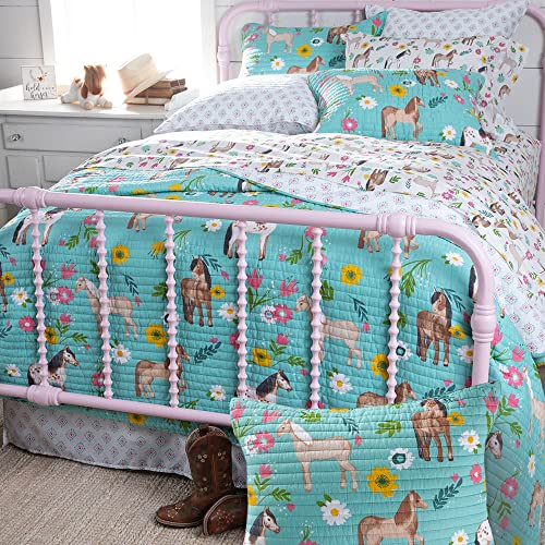 Rod's True Western Horse Girls (Quilt) - Pony Daisy Flower Quilt- Turquoise Pink Yellow Brown Tan Green White - Twin Quilt - Quilt Size (66x86in) - Cotton