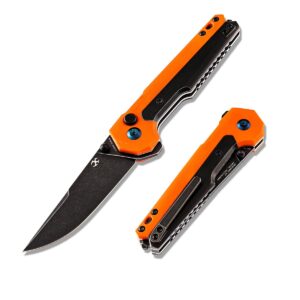 kansept edc tac 7.43in folding pocket knives with 3.53in black ti-coated s35vn drop point blade and orange g10 + titanium inlay handle, button lock knife for outdoor,tactical,camping k2009a7