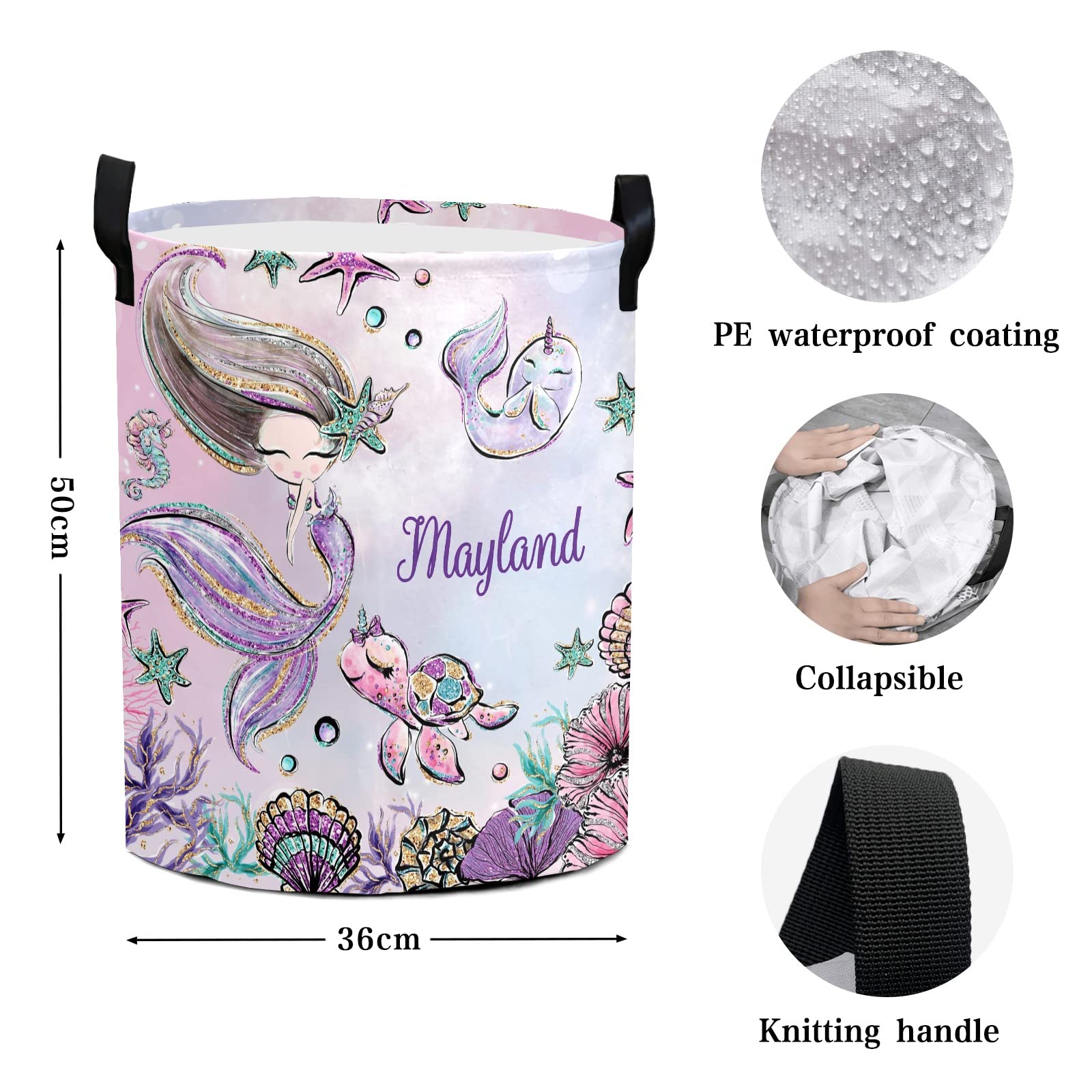 Cute Mermaid with Turtle Girl Personalized Laundry Hamper with Handles Waterproof,Custom Collapsible Laundry Bin,Clothes Toys Storage Baskets for Bedroom,Bathroom Decorative Large Capacity 50L