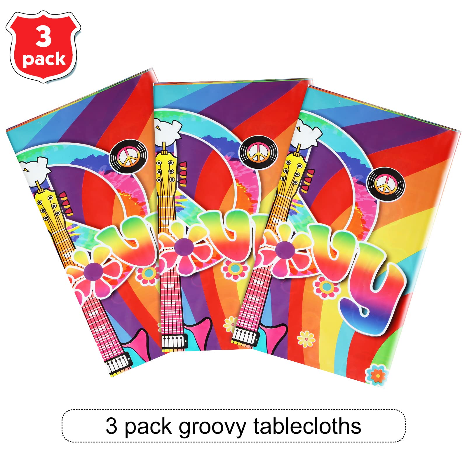 3 Pieces Plastic Groovy Tablecloths Retro Hippie Table Covers for Rectangle Table, Disposable Rainbow Party Decorations for 60s 70s Boho Themed Birthday Baby Shower Carnival Party (Tie Dye Style)