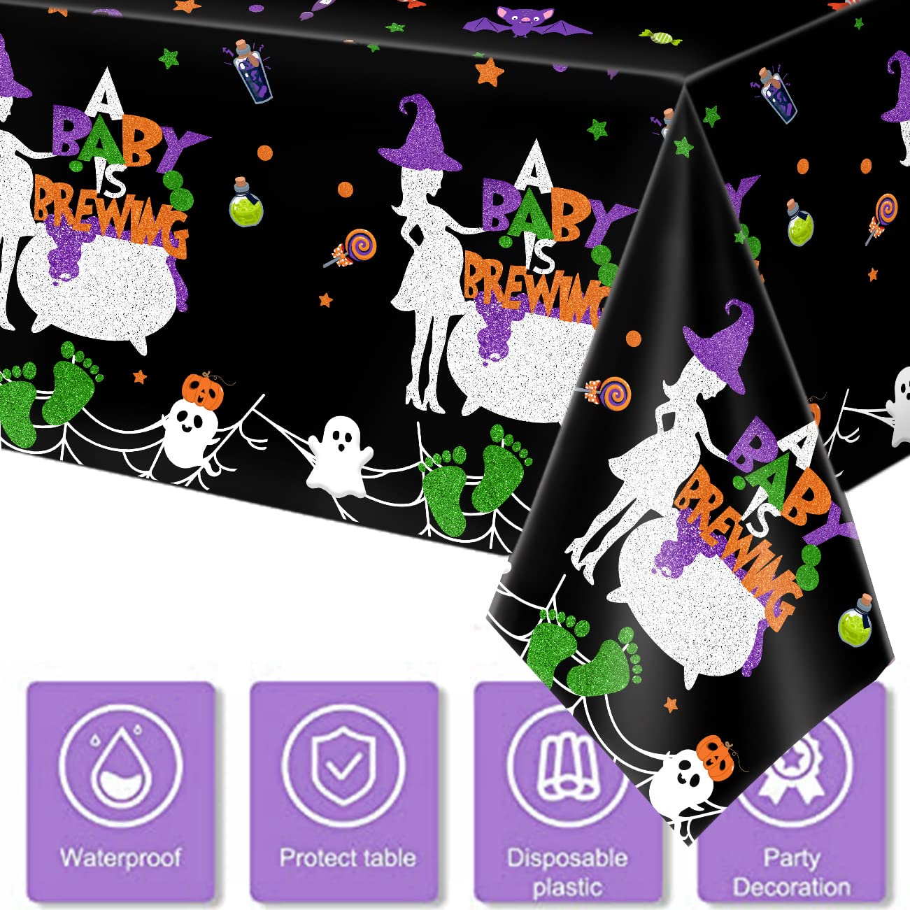 3 Pack Halloween Baby Shower Tablecloths, 71 x 43 Inches Halloween Baby Shower Plastic Table Cover A Baby is Brewing Baby Shower Party Decorations Supplies for Halloween Gender Reveal Table Decor