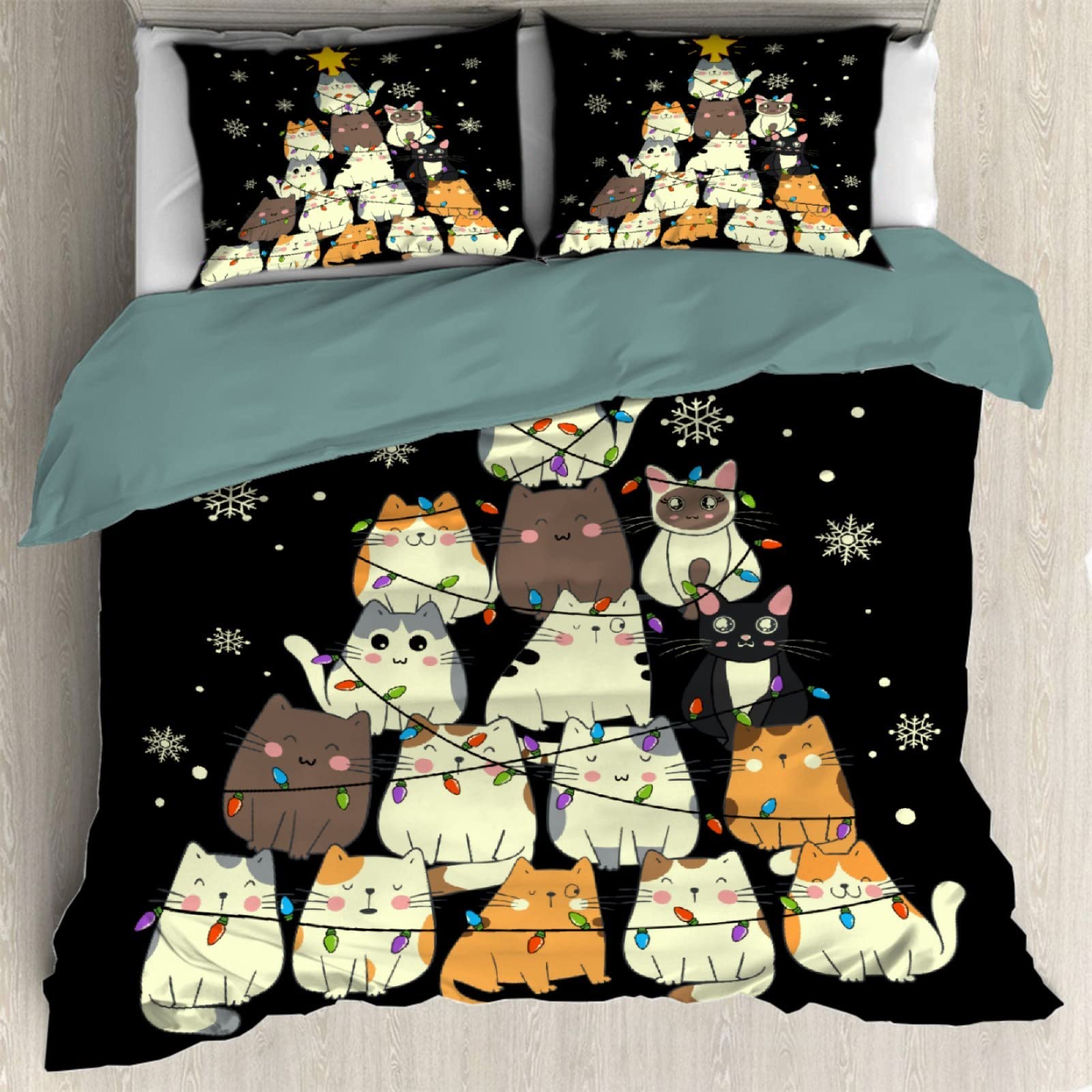 Anomadassi Funny Cat Christmas Tree Comforter Bedding Set 3 Piece Set, Microfiber Duvet Cover 3 Pieces for Any Bed Room or Guest Room, Full Multiple Size 68"x87" Twin