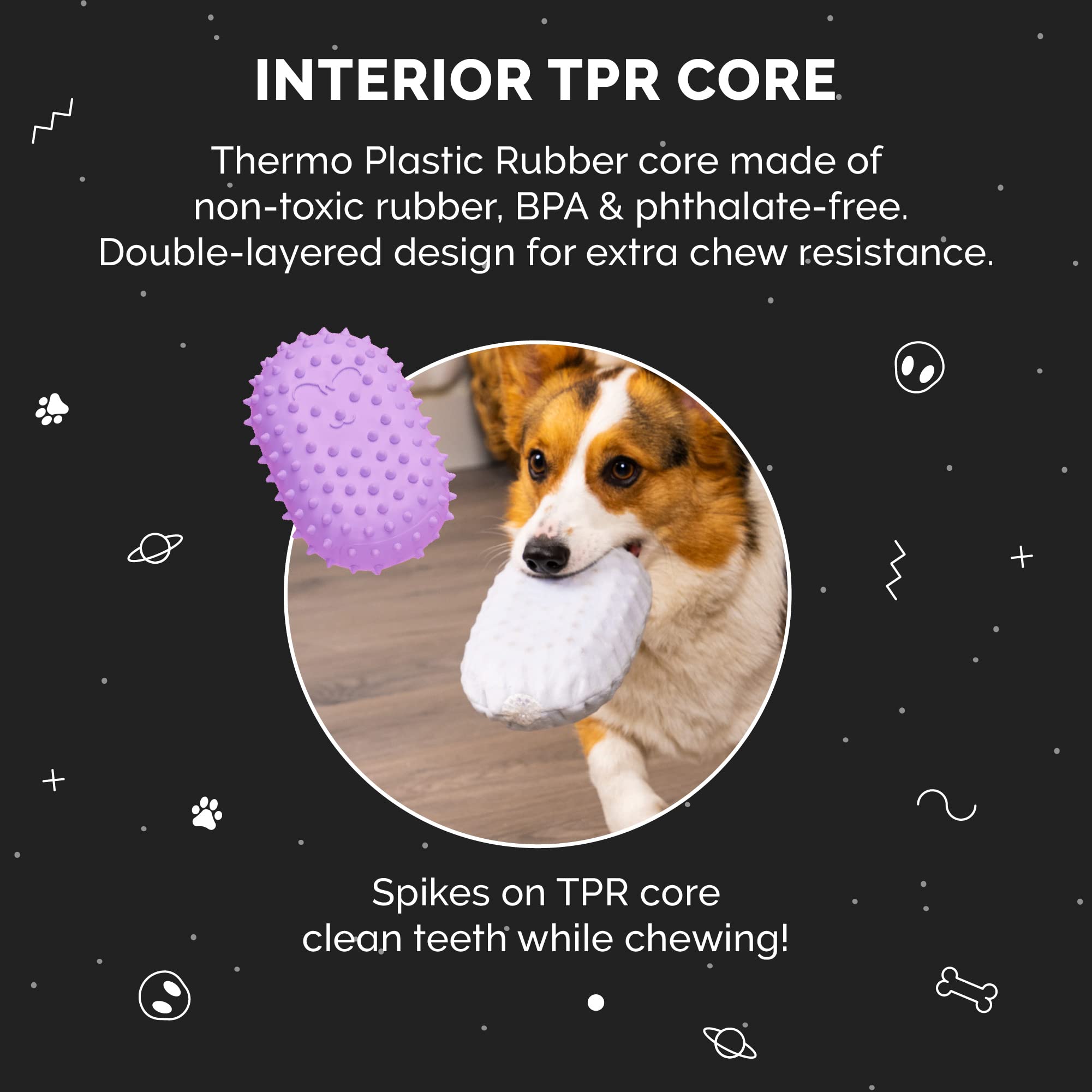 Furhaven Squeaky Dog Toy for Small/Medium Dogs w/ Spiky TPR Core for Dental Chewing - Hubble the Martian TPR Plush - Orange/Purple, One Size