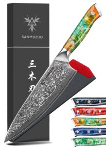 sanmuzuo chef knife - 8 inch - xuan series - vg10 damascus steel kitchen knife - resin handle (fantasy orange)