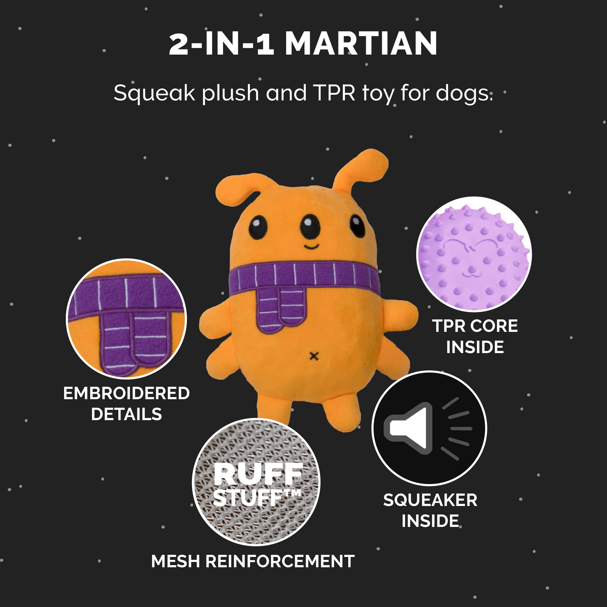 Furhaven Squeaky Dog Toy for Small/Medium Dogs w/ Spiky TPR Core for Dental Chewing - Hubble the Martian TPR Plush - Orange/Purple, One Size