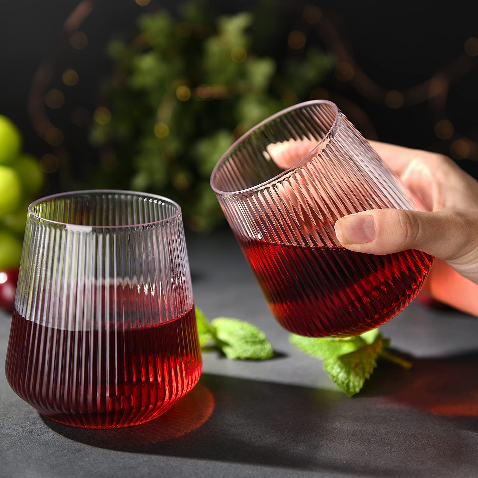 hotder Plastic Wine Glasses Set of 4, 12 OZ Tritan Stemless Wine Glasses Unique Vertical Design, Outdoor Wine Glasses Unbreakable Dishwasher-safe, Red Wine Glasses for Home, Party and Out