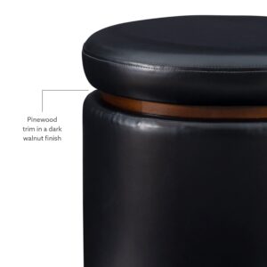 Linon Lexington Black Faux Leather Round Storage Ottoman with Wood Accent