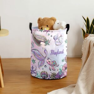 cute mermaid with turtle girl personalized laundry hamper with handles waterproof,custom collapsible laundry bin,clothes toys storage baskets for bedroom,bathroom decorative large capacity 50l