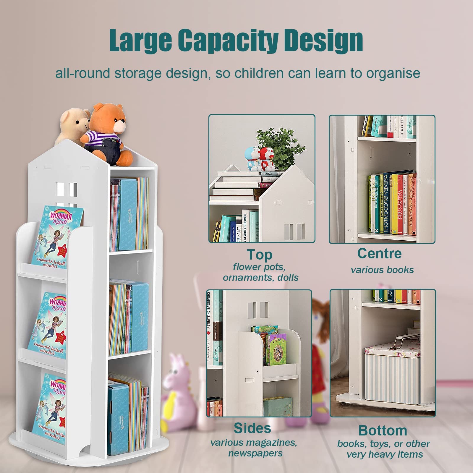 foriy Rotating Bookshelf Kids 3-Tier Rotating Children's Bookshelf Book Shelf Organizer for Kids, 360° Display Floor Standing Bookcase Storage Rack Shelf for Room White,16.14" x 16.14" x 37.4"