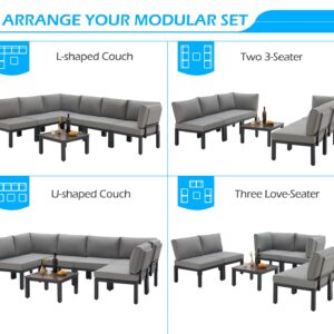 AECOJOY Outdoor Patio Furniture Set, Metal Patio Sectional Conversation Sofa, Black Wrought Iron Outdoor Furniture Sets Clearance with Grey Cushions