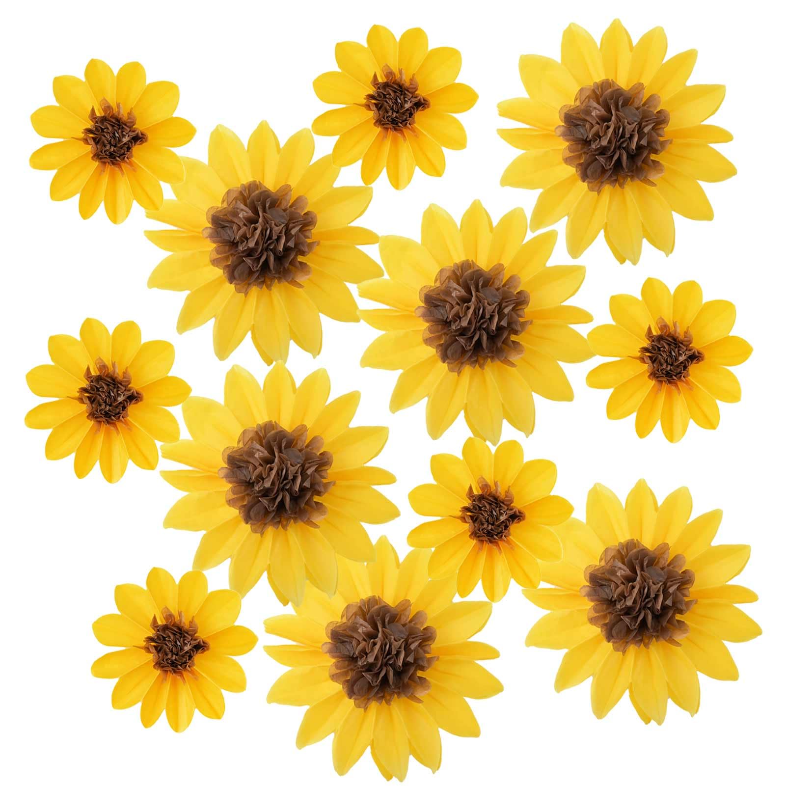 12Pcs Sunflower Tissue Paper Pom Poms Flower DIY 12" 8" for Yellow Brown Themed Birthday Party Sunshine Baby Shower Bridal Country Wedding Party iwlorys (Sunflower)