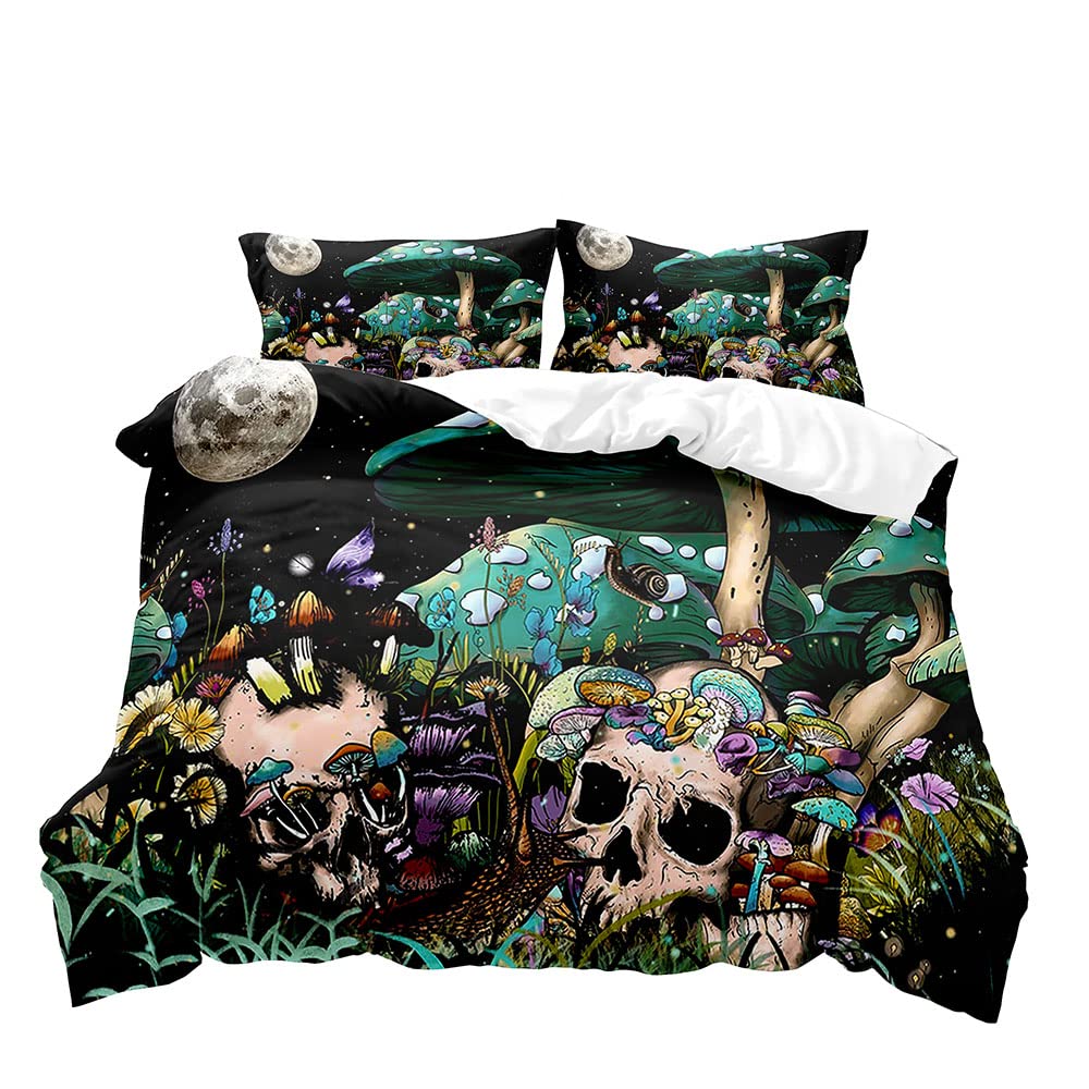 LUVIVIHOME 3PCS Teal Mushroom Bedding, Sugar Skull Duvet Cover King Bedding, Black Galaxy Moon Skeleton Wildflower Botanical Plant Fungus Aesthetic Green Mushroom Comforter Quilt Cover, 2 Pillow Shams