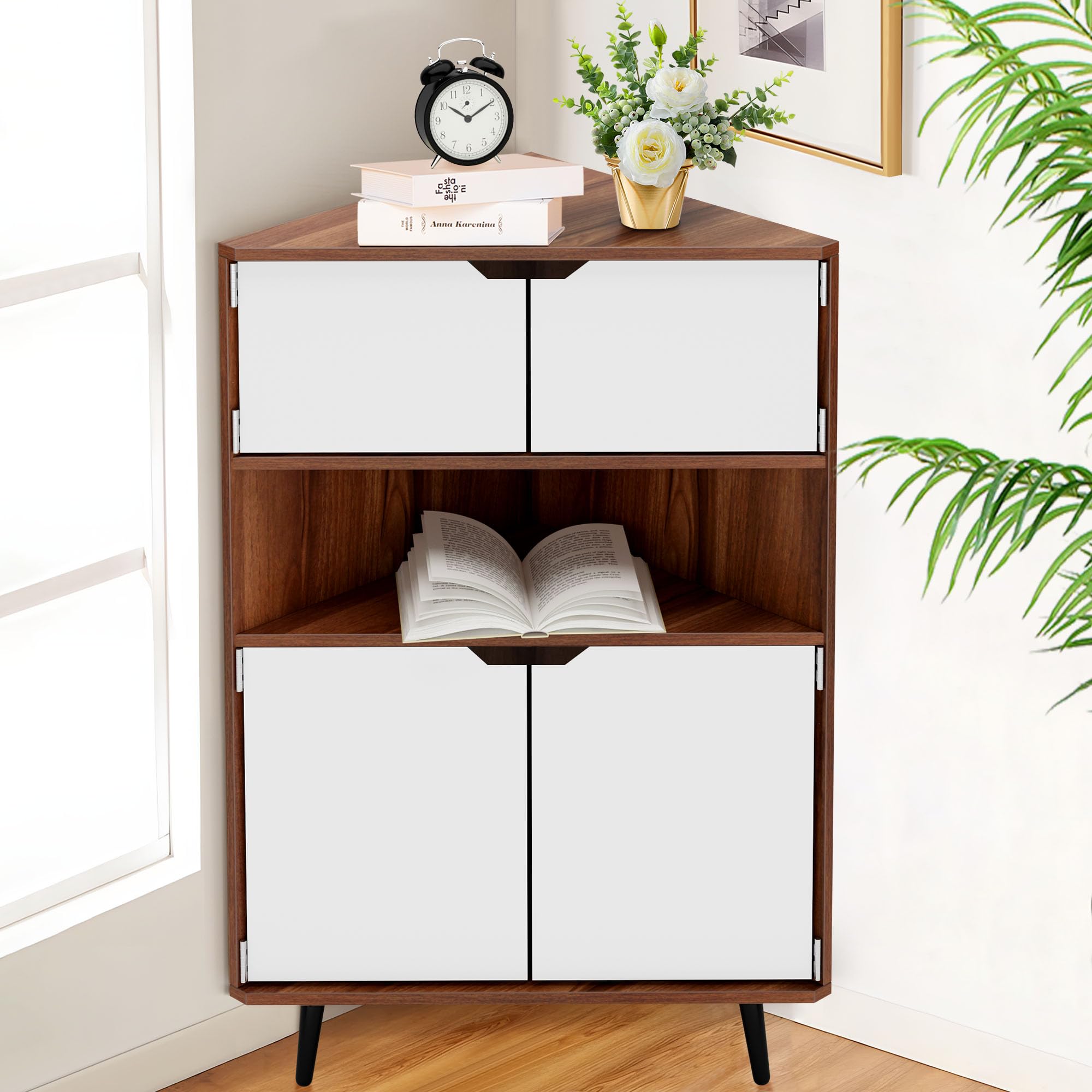 sogesfurniture Corner Cabinet with Doors and Shelves, 3-Tier Freestanding Floor Corner Storage Cabinets for Small Space, Bathroom, Living Room, Kitchen, Bedroom