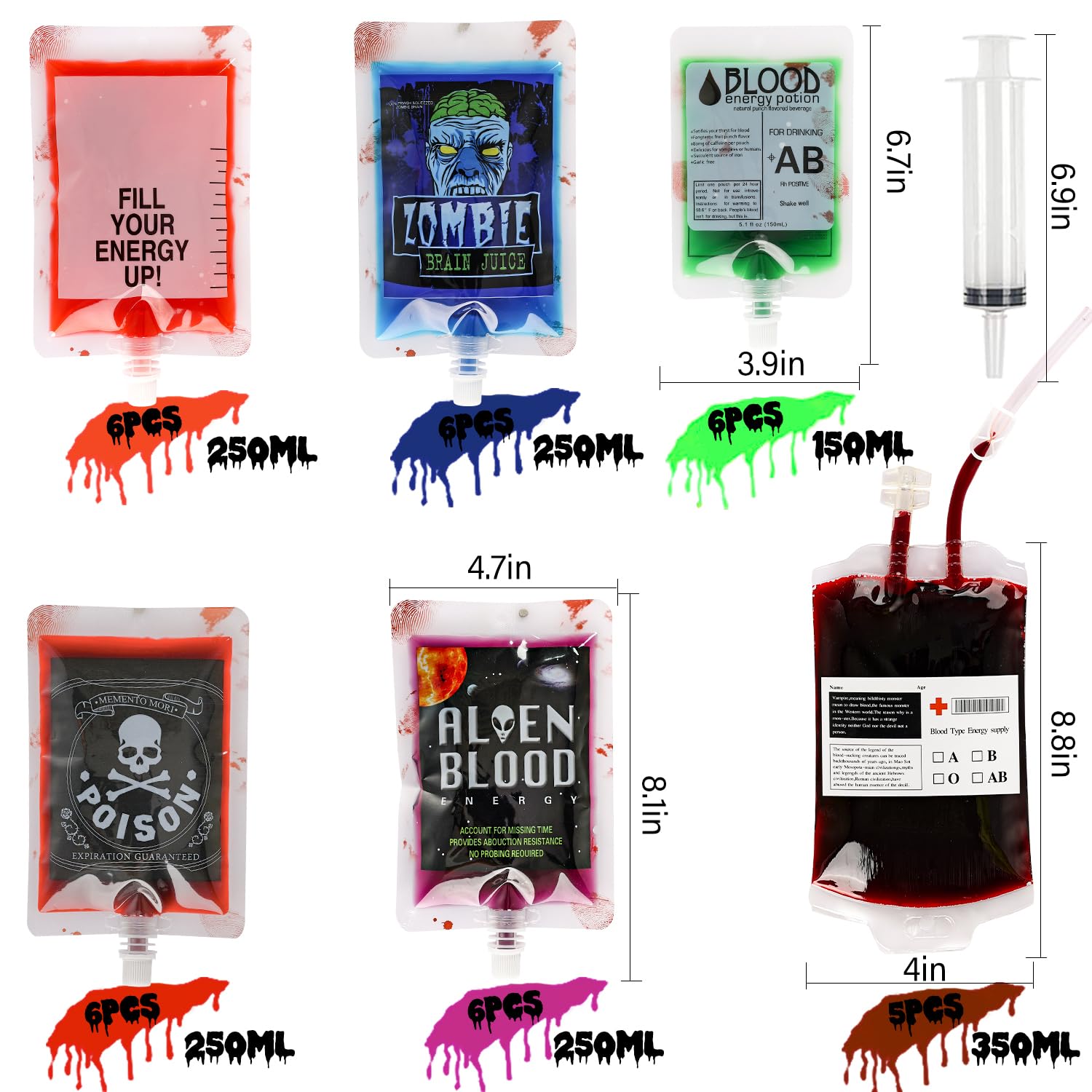 Halloween Blood Bags Party Supplies - 42PCS Blood Bags for Drinks 35 Reusable Blood Drink Pouches +7 Syringes Party Favors, Blood IV Bags for Vampire Zombie Costume Props Halloween Party Decorations