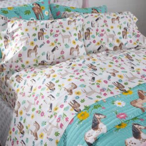 rod's - daisy pony (sheet set) - 4-piece queen sheet set - floral pony - pink yellow turquoise - top sheet(92x102in.) - fitted sheet (60x80x15in) - two standard pillow cases (20x30in) - cotton