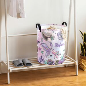 Cute Mermaid with Turtle Girl Personalized Laundry Hamper with Handles Waterproof,Custom Collapsible Laundry Bin,Clothes Toys Storage Baskets for Bedroom,Bathroom Decorative Large Capacity 50L