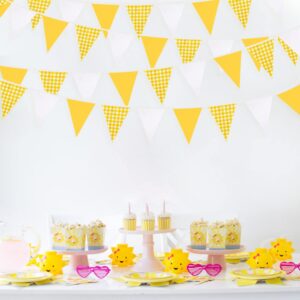 32Ft Yellow Plaid Checkered White Pennant Banner Fabric Gingham Triangle Flag Bunting Garland for Picnic BBQ Bee Sunflower Wedding Birthday Baby Shower Lemon Party Outdoor Garden Hanging Decoration