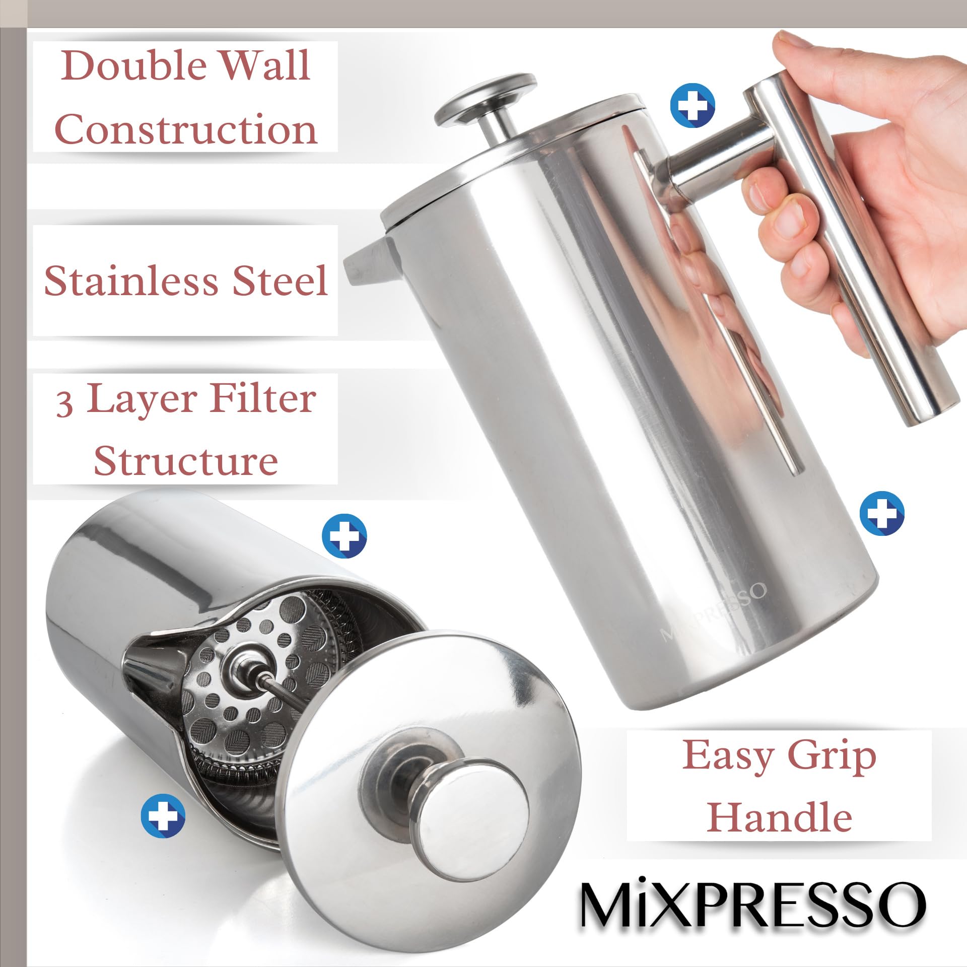 Mixpresso Stainless Steel French Press, 27 Oz, Double Wall Insulated, Mirror Finish, Thermometer Build On