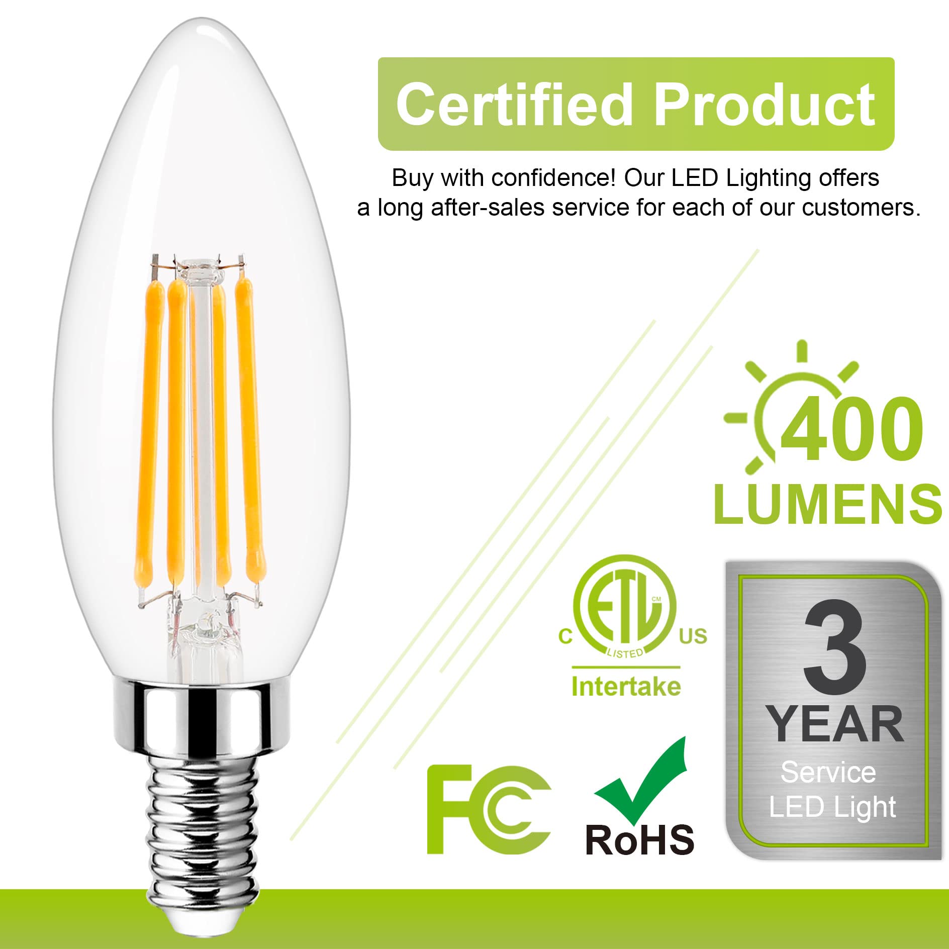 GOLSPARK Candelabra LED Bulbs Filament Dimmable Vintage Edison Light Bulb Chandelier,Warm White 3000K,40 Watt Equivalent,400 Lumen,E12 Base,6 Pack