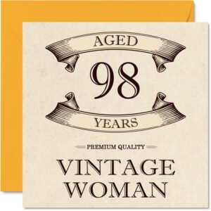 vintage 98th birthday cards for women - aged 98 years - fun birthday card for mom sister wife granny nanny grandma aunt, 5.7 x 5.7 inch ladies greeting cards, 98th birthday card