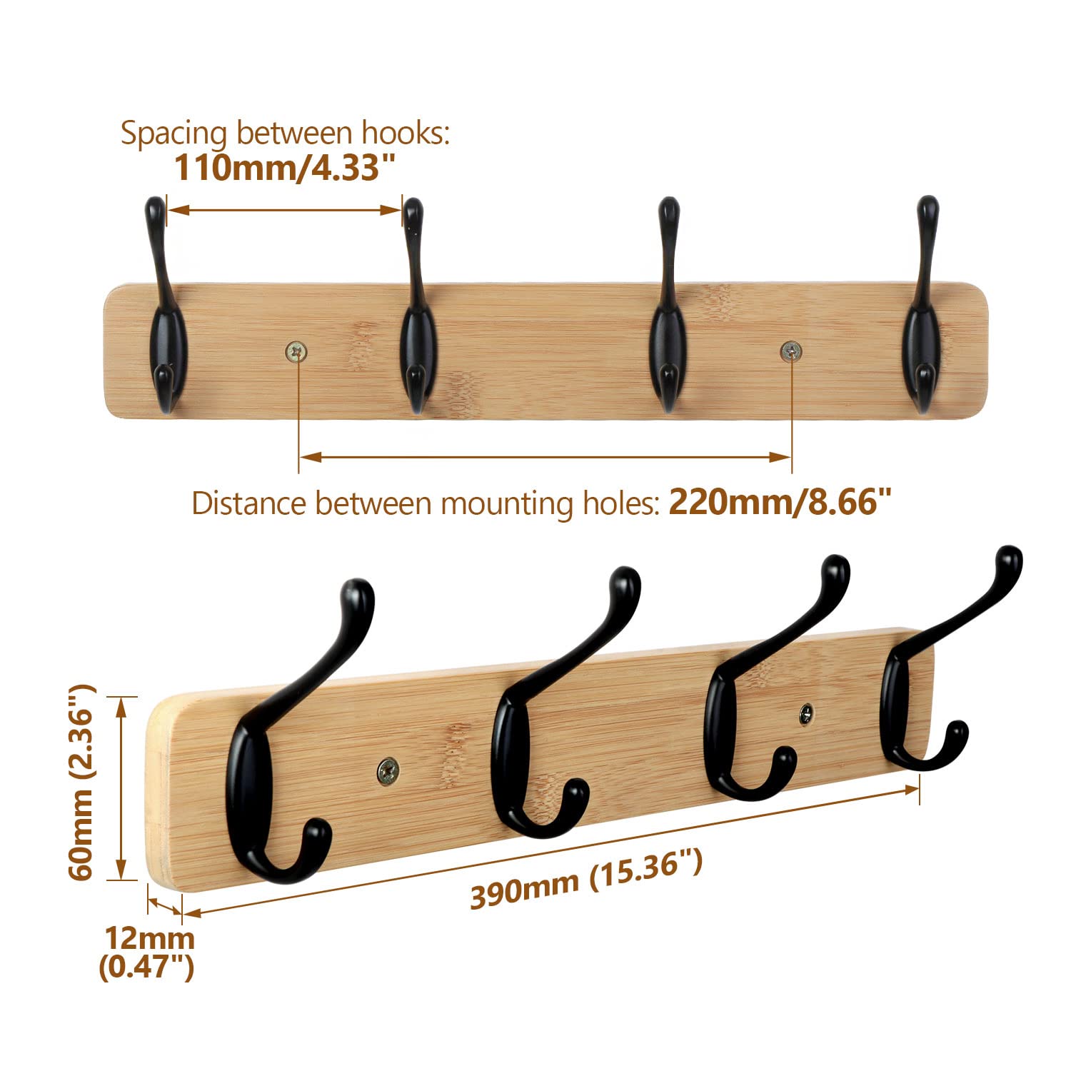 JSVER Wall Mounted Coat Rack Wooden Coat Hooks for Wall Hat Hanger Rack with 4 Hooks for Scarf, Bag, Towel, Key, Cap, Entryway, Bathroom, Bedroom, Kitchen