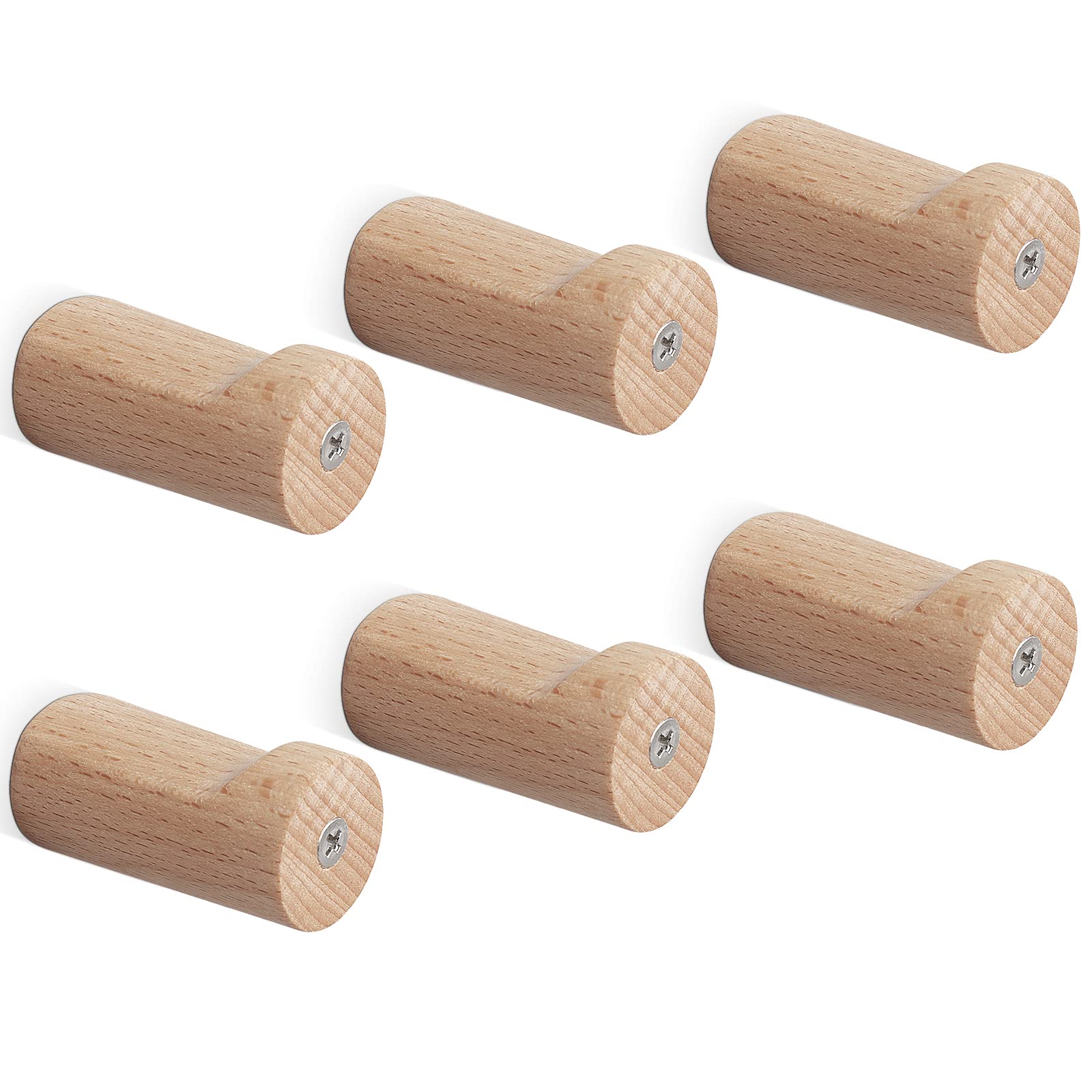 NearMoon Wood Wall Hooks, Natural Wooden Coat Hooks- Modern Handmade Decorative Hat Hooks Wall Mounted, Heavy Duty Rustic Wooden Wall Pegs for Hanging Towel Bag Clothes, 6 Pack (Beech)