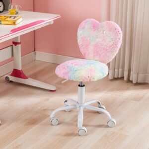 chairus Kids Desk Chair Faux Fur Study Chair for Teenage Girls, Adjustable Heart Shaped Kids Vanity Chair for Bedroom Reading Living Room, Small Cute Student Task Chair with White Foot, Colorful