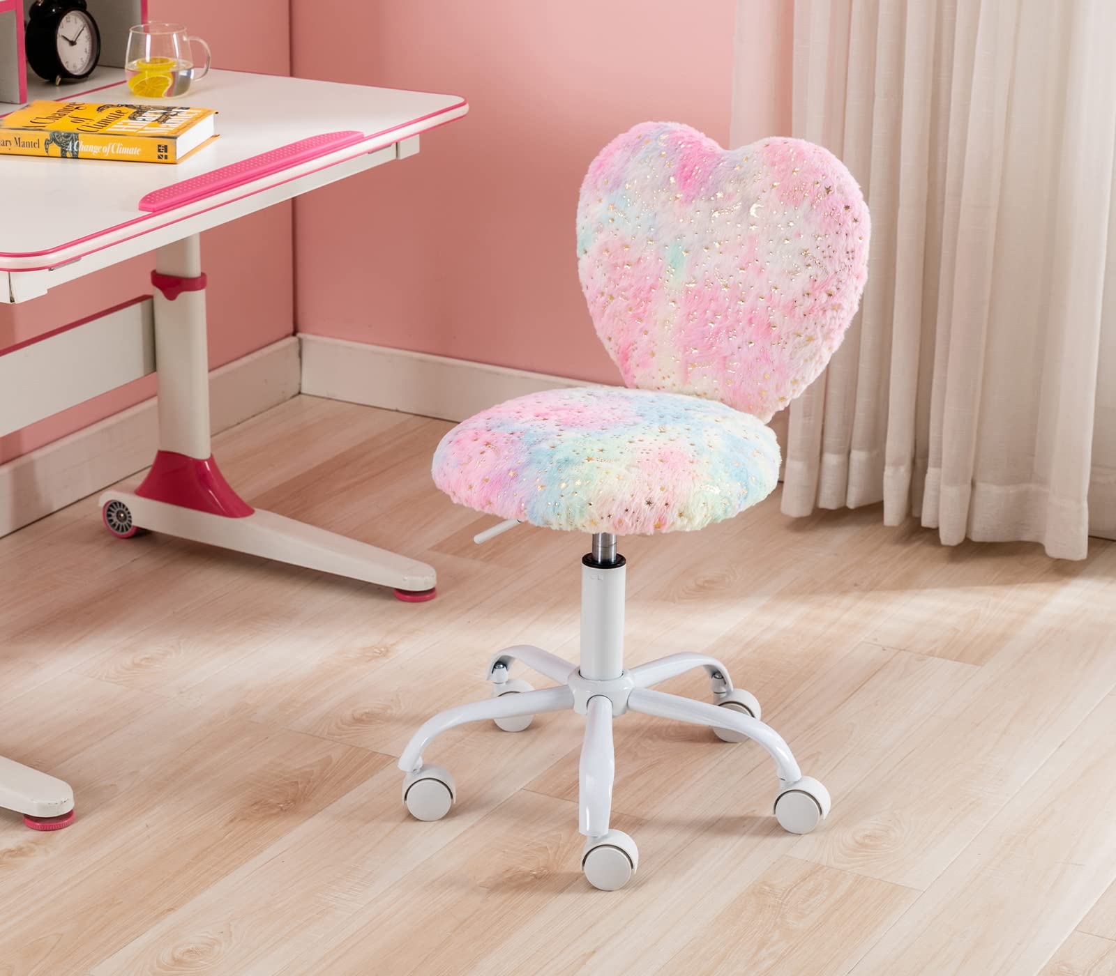 chairus Kids Desk Chair Faux Fur Study Chair for Teenage Girls, Adjustable Heart Shaped Kids Vanity Chair for Bedroom Reading Living Room, Small Cute Student Task Chair with White Foot, Colorful