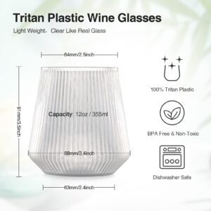 hotder Plastic Wine Glasses Set of 4, 12 OZ Tritan Stemless Wine Glasses Unique Vertical Design, Outdoor Wine Glasses Unbreakable Dishwasher-safe, Red Wine Glasses for Home, Party and Out