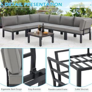 AECOJOY Outdoor Patio Furniture Set, Metal Patio Sectional Conversation Sofa, Black Wrought Iron Outdoor Furniture Sets Clearance with Grey Cushions