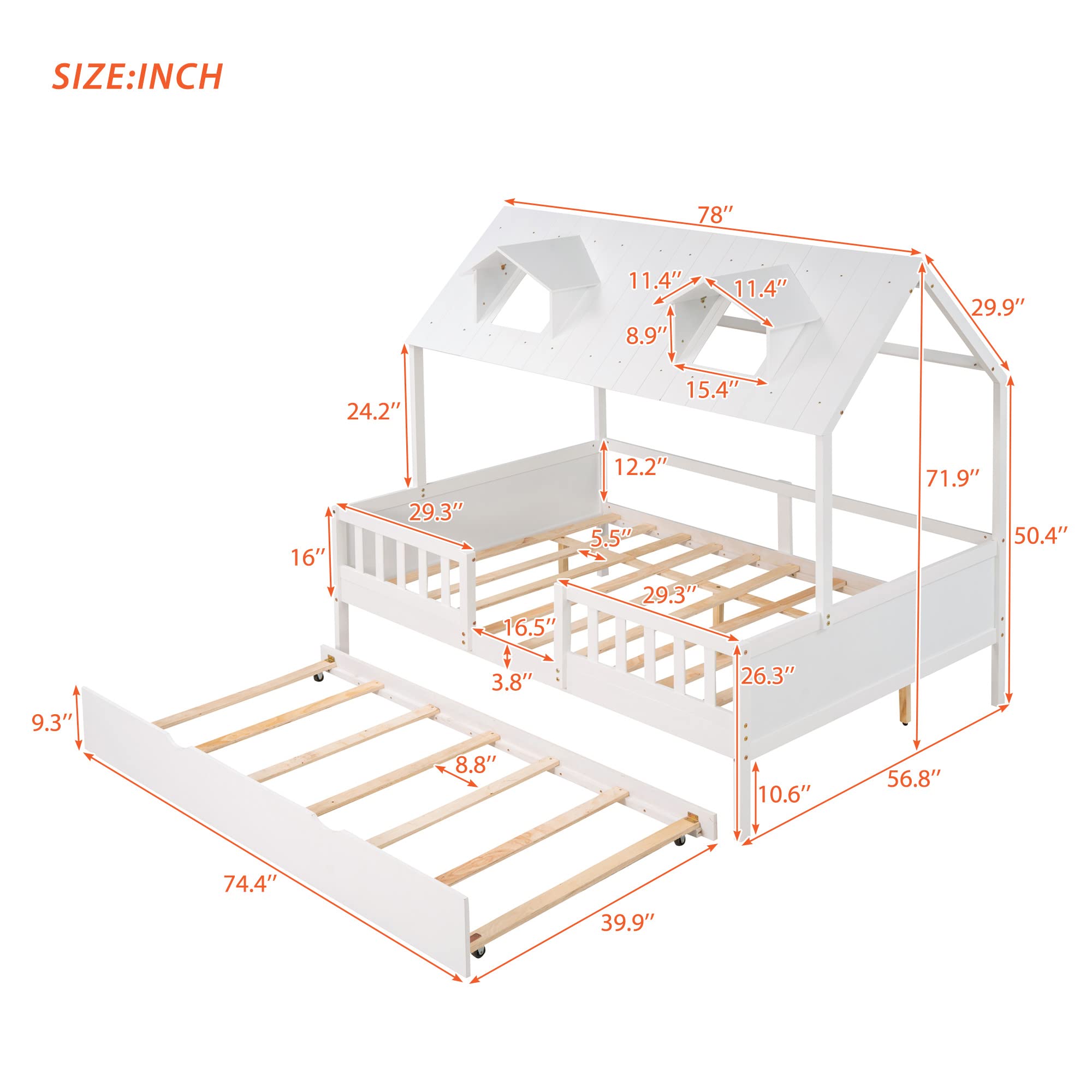 Harper & Bright Designs Full Size House Bed with Trundle, Full Size Bed Frame for Kids,Wooden Cabin Full Playhouse Bed for Girls, Boys,No Box Spring Needed,White