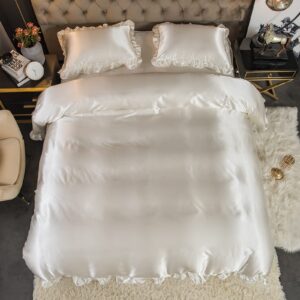 Silky Satin Duvet Cover Set White Bedding Chic Silky Ruffle Fringe Design White Chic Boho Bedding Set Queen 1 Duvet Cover 2 Pillow Shams (Queen, White)…