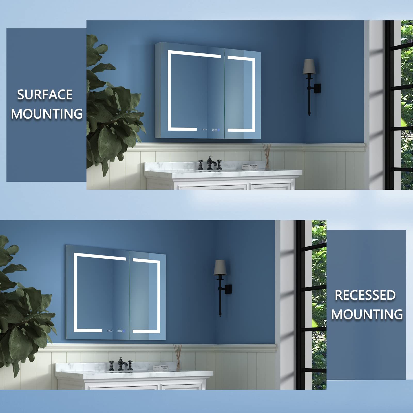 ExBrite LED Lighted Bathroom Medicine Cabinet with Mirror, 36 x 30 Inch, Recessed or Surface led Medicine Cabinet, Clock, Room Temp Display,Defog,Stepless Dimming,3-Color Temper Change, Outlets & USBs