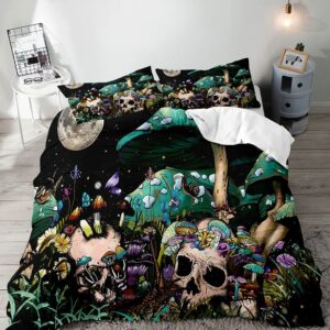 luvivihome 3pcs teal mushroom bedding, sugar skull duvet cover king bedding, black galaxy moon skeleton wildflower botanical plant fungus aesthetic green mushroom comforter quilt cover, 2 pillow shams