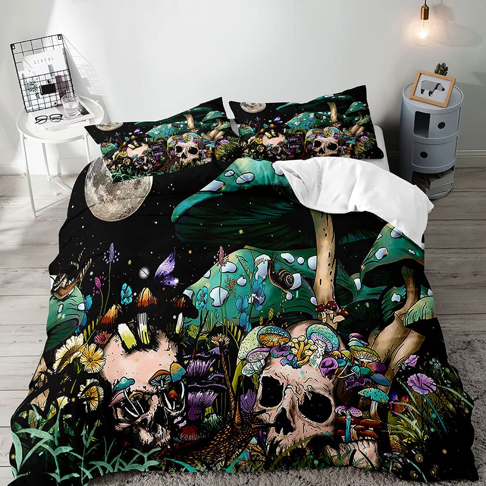 LUVIVIHOME 3PCS Teal Mushroom Bedding, Sugar Skull Duvet Cover King Bedding, Black Galaxy Moon Skeleton Wildflower Botanical Plant Fungus Aesthetic Green Mushroom Comforter Quilt Cover, 2 Pillow Shams